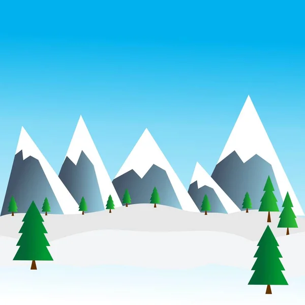 Плоский Векторный Пейзаж Иллюстрация Зимой Векторный Фон Горами Соснами — стоковый вектор