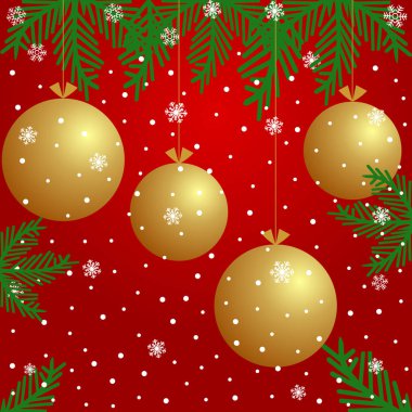 Noel arka plan kırmızı zemin üzerine altın toplar, kar taneleri ve şube Noel ağacı ile.