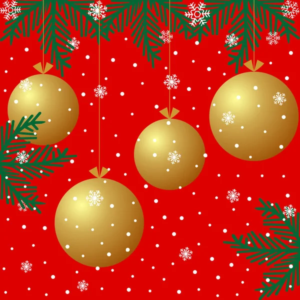 Kerstmis Achtergrond Met Gouden Ballen Sneeuwvlokken Takken Van Kerstboom Rode — Stockvector