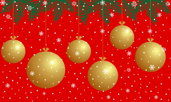 Christmas Background Golden Balls Snowflakes Branches Christmas Tree Red Background — Stock Vector