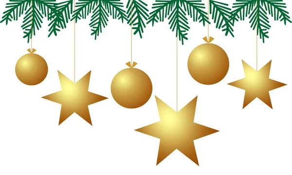Fondo Navidad Con Bolas Oro Estrellas Ramas Árbol Navidad — Vector de stock