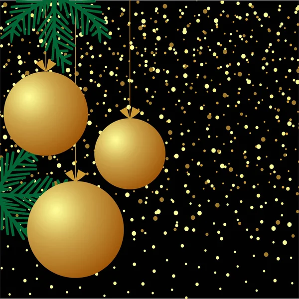 Black Background Confetti Golden Balls Branches Christmas Tree Merry Christmas — Stock Vector