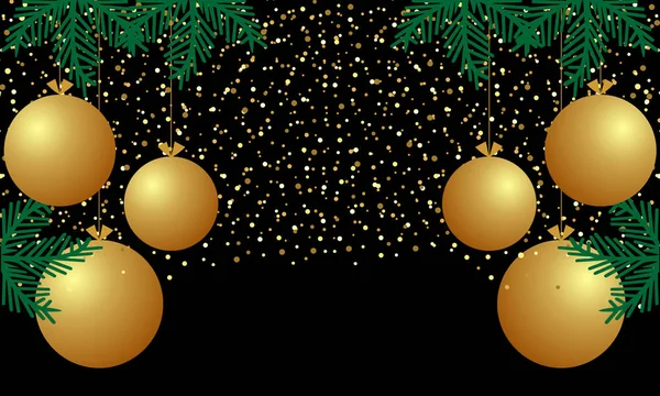 Schwarzer Hintergrund Mit Konfetti Goldenen Kugeln Und Ästen Weihnachtsbaum Frohe — Stockvektor
