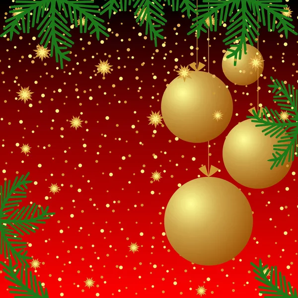 Κόκκινο Φόντο Κομφετί Χρυσές Μπάλες Αστέρια Και Κλαδιά Του Χριστουγεννιάτικου — Διανυσματικό Αρχείο