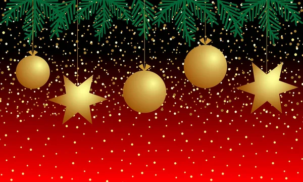 Fondo Rojo Con Confeti Bolas Doradas Estrellas Ramas Árbol Navidad — Vector de stock