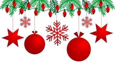 Arka plan ile topları, yıldız ve kar tanesi. Tatil ışıkları ile şube Noel ağacı. Mutlu Noeller ve mutlu yeni yıl.