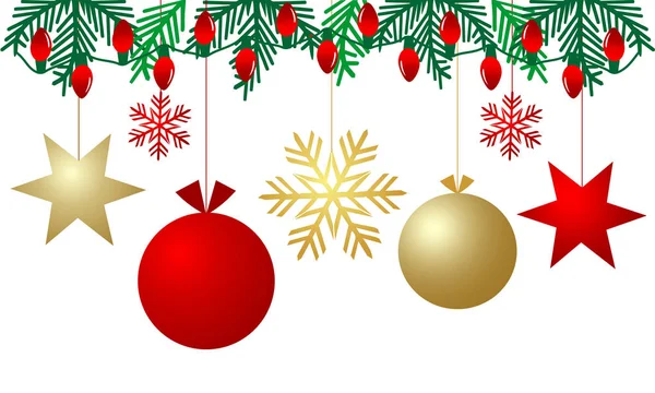 Fondo Con Bolas Estrellas Copo Nieve Ramas Árbol Navidad Con — Vector de stock