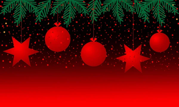 Fondo Rojo Con Confeti Bolas Estrellas Ramas Árbol Navidad Feliz — Vector de stock