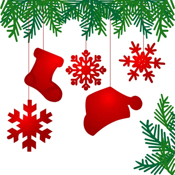 Fondo Navidad Con Bolas Rojas Copos Nieve Ramas Árbol Navidad — Vector de stock