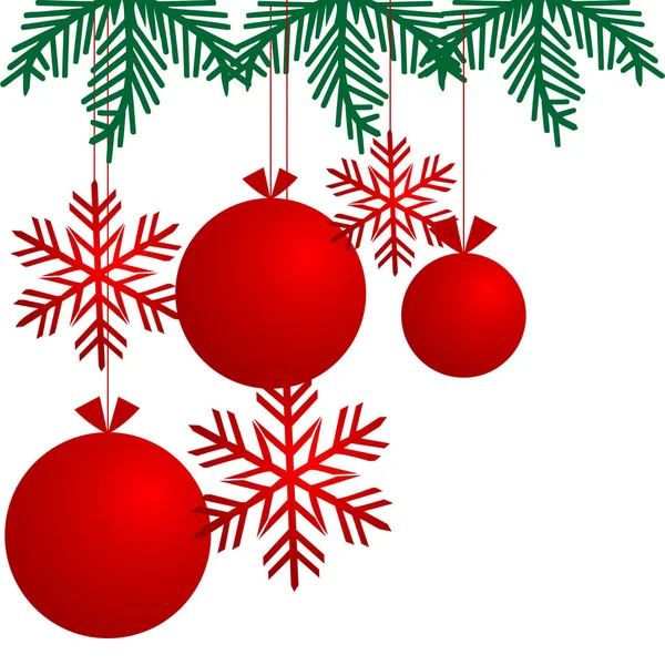 Fondo Navidad Con Bolas Rojas Copos Nieve Ramas Árbol Navidad — Vector de stock