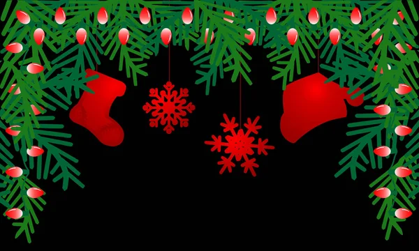 Fondo Negro Con Decoraciones Navideñas Rojas Ramas Árbol Navidad Con — Vector de stock