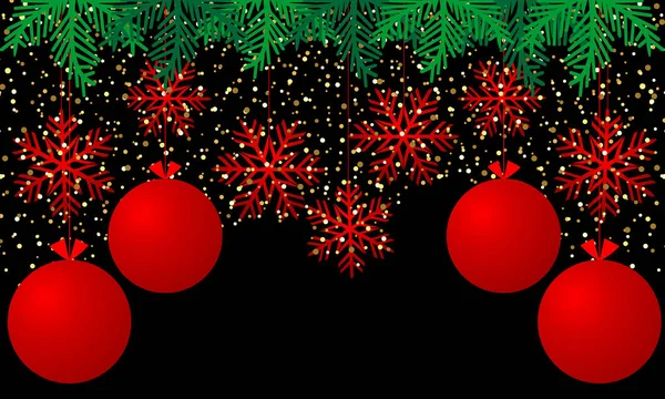Fondo Negro Con Confeti Bolas Copos Nieve Ramas Árbol Navidad — Archivo Imágenes Vectoriales