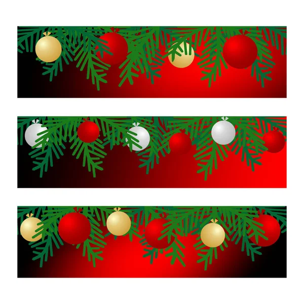 Sada Tří Bannerů Vánoční Koule Větve Jedle Vektorové Grafické Ilustrace — Stockový vektor