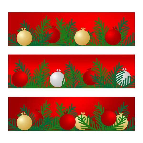 Set Three Christmas Banners Balls Fir Branches Vector Graphic Illustration — Stock Vector