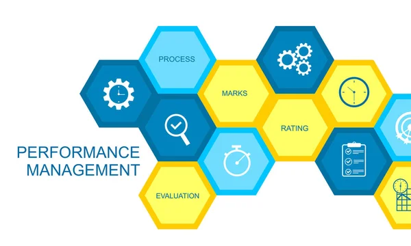 Koncepcja Performance Management Składa Się Ikony Postaci Sześciokąta — Wektor stockowy