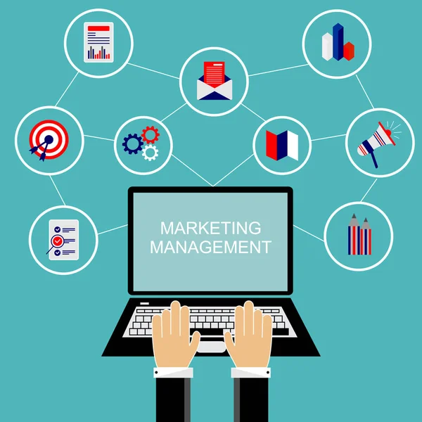 Geschäftsleute Arbeiten Mit Laptop Marketing Management Flächenvektorkonzept — Stockvektor