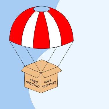 Ücretsiz nakliye web banner veya E-ticaret. Paketleri paraşüt üzerinde uçuyor. Düz vektör çizim.