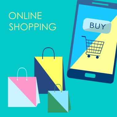 Kavram ya da web banner online alışveriş için. Hareket eden telefon alışveriş torbaları ve online satın almak için arka plan ile. Düz vektör çizim.