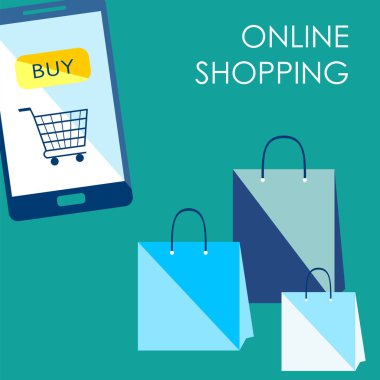 Kavram ya da web banner online alışveriş için. Hareket eden telefon alışveriş torbaları ve online satın almak için arka plan ile. Düz vektör çizim.