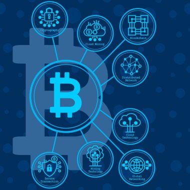 Bitcoin infographics yuvarlak simgeler ile. Vektör grafik cryptocurrency çizim.