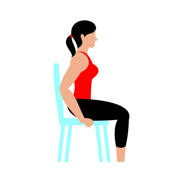 Güzel genç kadın evde sandalye ile yapıyor. Fitness eğitimi egzersiz genç bir kız. Vektör düz çizim.