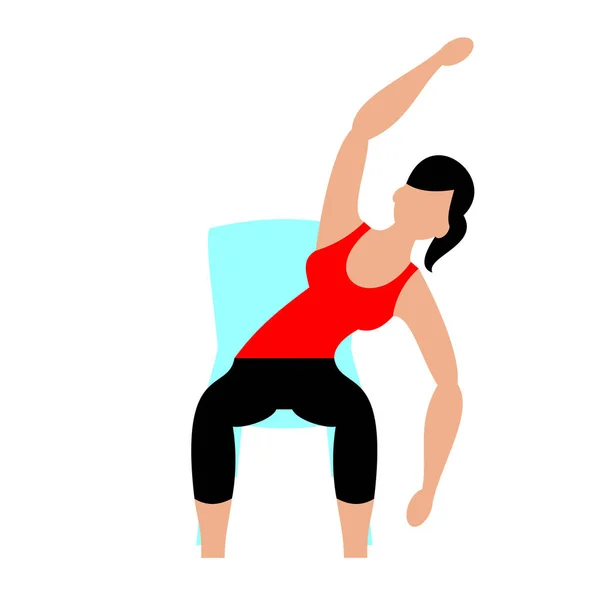 Güzel genç kadın evde sandalye ile yapıyor. Fitness eğitimi egzersiz genç bir kız. Vektör düz çizim.