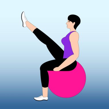 Güzel genç kadın evde top ile yapıyor. Kız Fitness eğitimi egzersiz. Vektör düz çizim.