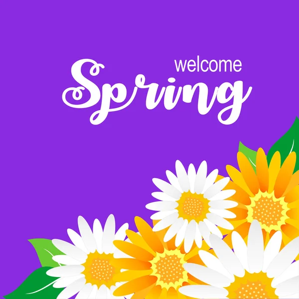 Beautiful Colorful Background Flowers Vector Illustration Lettering Inscription Welcome Spring — Stock Vector