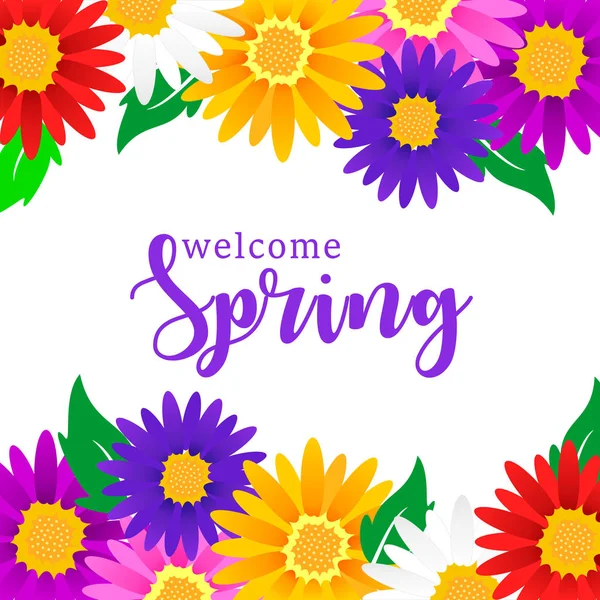 Piękne Kolorowe Tła Kwiatami Ilustracja Wektorowa Nadpisem Napis Witamy Wiosnę — Wektor stockowy