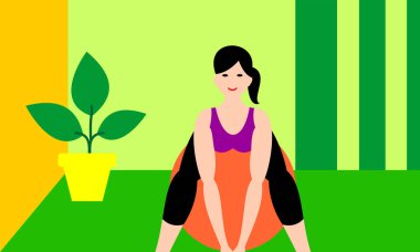 Güzel genç kadın bir fitness salonunda egzersiz yapıyor. Kız Fitness eğitimi egzersiz. İnsanlar illüstrasyon vektör. 