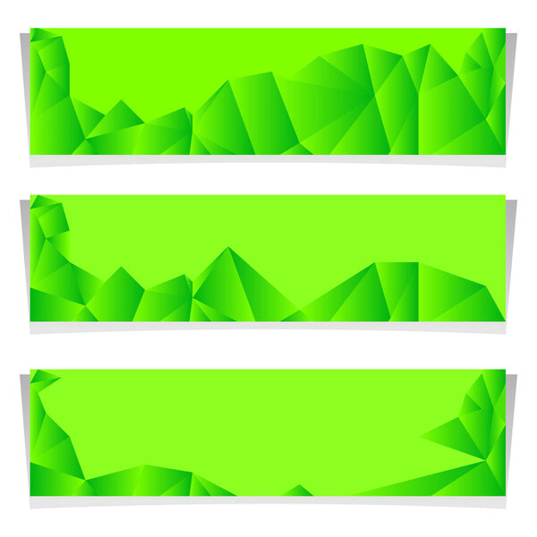 Set of three modern banners with polygonal background. Vector illustration composed of triangles. Green colors.