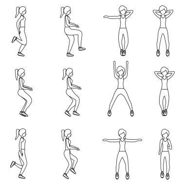 Küme genç kızların jimnastik egzersizleri yapıyor. Güzel kadının vücut Isınma egzersizleri yapması uygun. Düz vektör çizim. Çizgili Tema.