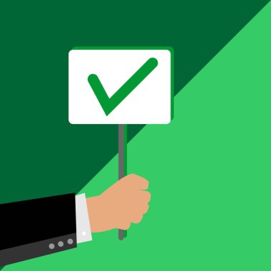 Onay için bir kurul tutan işadamı. Kabul için sembol. Renkli düz vektör çizim dolu.