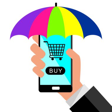 Online satın almak için güneşlik ve arka plan ile bir akıllı telefon tutan işadamı. Online alışveriş kavramı. Düz tasarım, vektör illüstrasyon.
