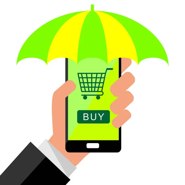Biznesmen Posiadający Smartfon Parasolą Tłem Dla Zakupów Online Koncepcja Zakupów — Wektor stockowy