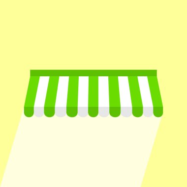 Yeşil duvar uzun gölge ile tente şemsiye simgesi. Sarı arka planlı gölgelik vektör simgesinin düz çizimi.