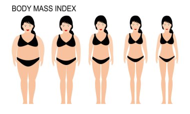 Açık tenli kadın siluetlerinin vektör illüstrasyonu. Normalden aşırı obeze farklı kiloya sahip kadınlar. Kilo kaybı kavramı. Vücut kitle indeksi. 
