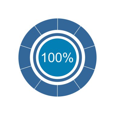 Mavi pasta grafiği ve grafik yüzde 100. Düz tasarımın vektör grafik illüstrasyonu.