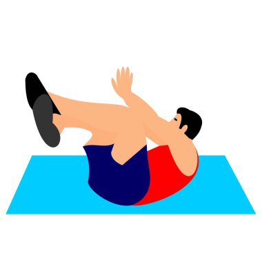 Açık tenli genç adam spor salonunda egzersiz yapıyor. Formda adam vücut ısıtma egzersizleri yapıyor ya da omurga egzersizleri yapıyor. Renkli düz vektör çizimi. 