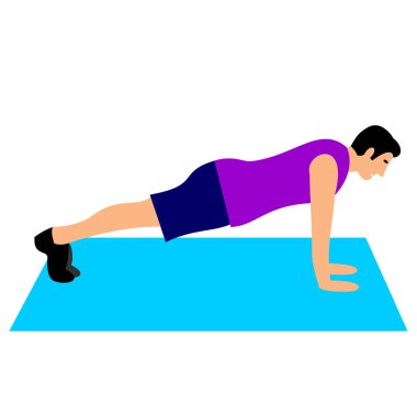 Açık tenli genç adam spor salonunda egzersiz yapıyor. Formda adam vücut ısıtma egzersizleri yapıyor ya da omurga egzersizleri yapıyor. Renkli düz vektör çizimi. 