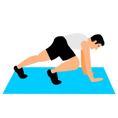 Açık tenli genç adam spor salonunda egzersiz yapıyor. Formda adam vücut ısıtma egzersizleri yapıyor ya da omurga egzersizleri yapıyor. Renkli düz vektör çizimi. 