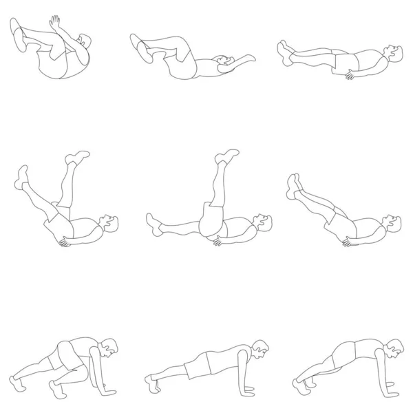 一群年轻人在健身房里做运动 适合男人做身体变暖或脊柱运动 平面矢量插图 生产线设计 — 图库矢量图片