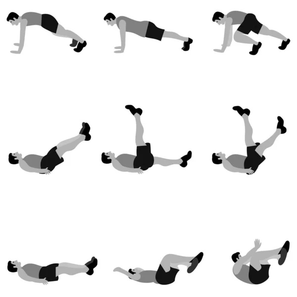 一群年轻人在健身房里做运动 适合男人做身体变暖或脊柱运动 灰度平面矢量插图 — 图库矢量图片