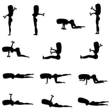 Spor salonunda egzersiz yapan genç kız güzel ayarlayın. Fit kadınlar ağırlıkları ile mide sıkma için egzersizler yapıyor. Düz vektör çiziminin siyahı. 