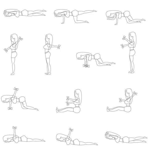 设置美丽的年轻女孩在健身房做运动 适合妇女做锻炼的胃收紧与重量 线设计的平面矢量图 — 图库矢量图片
