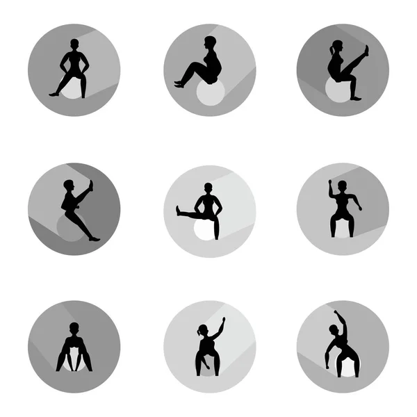 Γυναίκα Κάνει Ασκήσεις Μπάλα Σύνολο Εικονιδίων Κύκλου Μακρύ Σκιά Και — Διανυσματικό Αρχείο