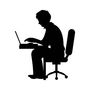 Bilgisayarda çalışan iş adamı. Ofis masası için sandalyede oturan işadamı. Vektör düz illüstrasyon.