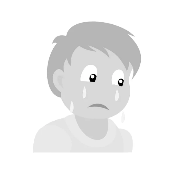泣いている悲しい少年の肖像画 男の子モノクロベクトルイラスト フラットデザイン — ストックベクタ