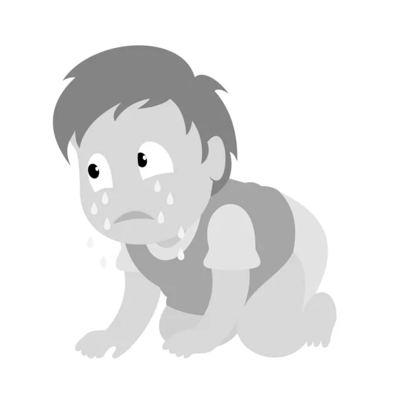 一个悲伤的男孩爬行和哭泣 男婴单色矢量插图 平面设计 — 图库矢量图片