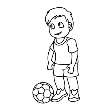 Futbol topu olan küçük bir çocuk. Beyaz arka planda sürekli çizgileriçeren vektör çizimi.